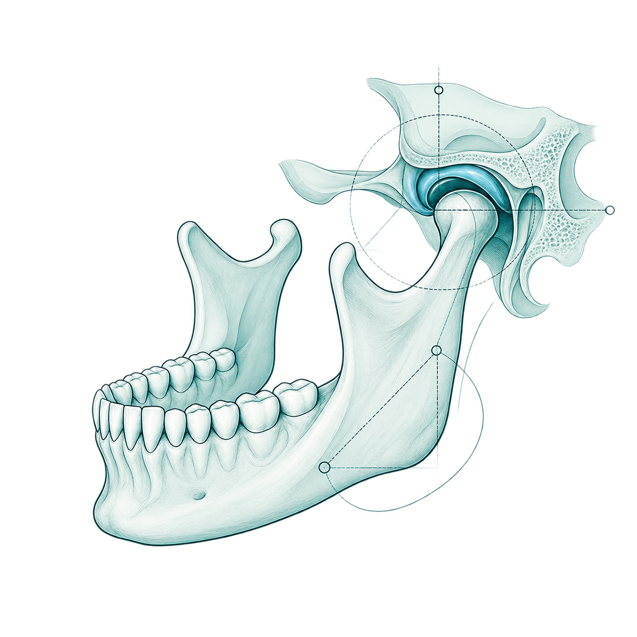 Ilustración técnica de la mandíbula y la articulación temporomandibular
